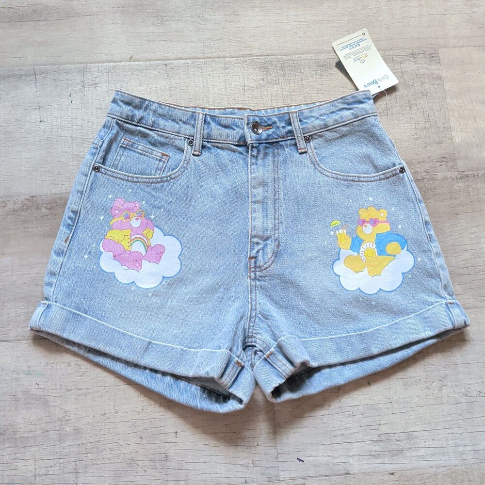 Care Bears Light Wash Denim Shorts Size 5 NWT Hot Topic Graphic Print Cuffed